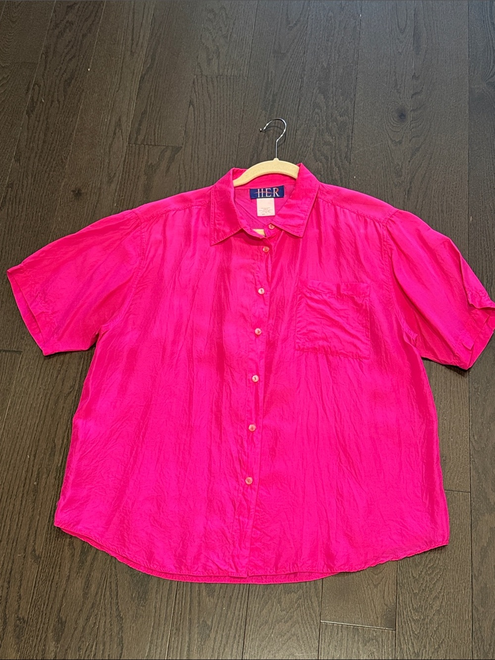 Vintage 100% silk hot pink button up blouse Large